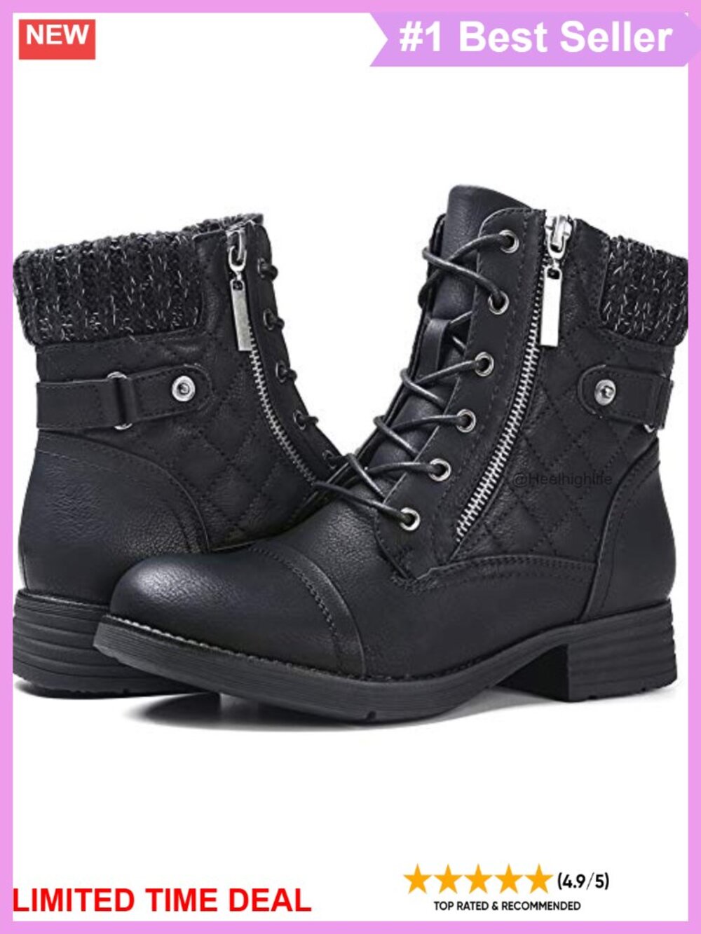 Vegan Faux Leather Combat Boots Lace Up Ankle Booties Side Zipper